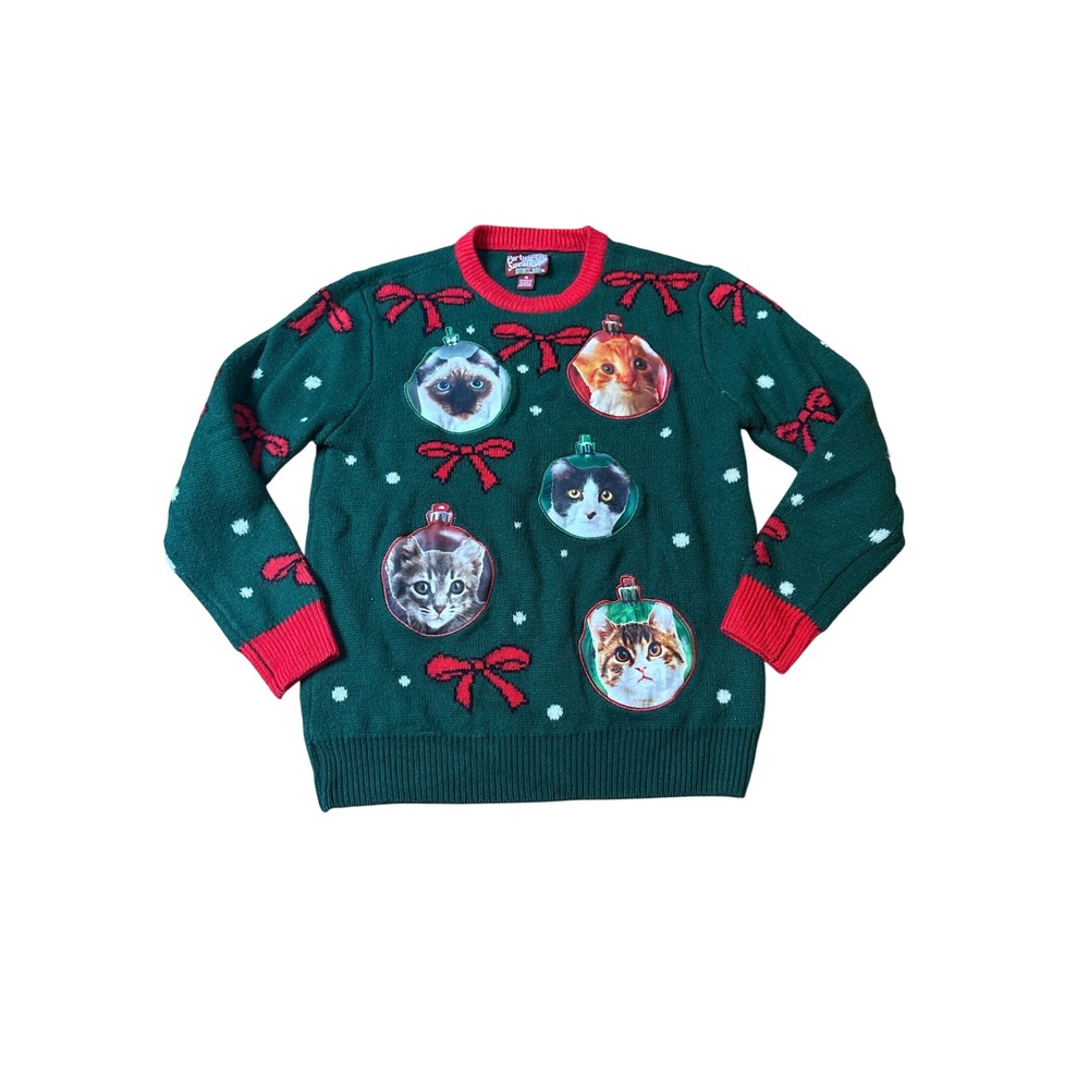 Party Sweater Dec 25th Ugly Christmas Sweater Womens Green Cat Ornament SIZE M